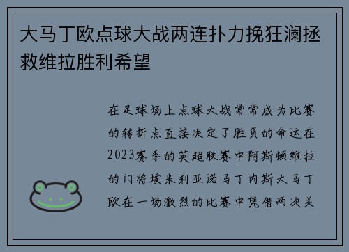大马丁欧点球大战两连扑力挽狂澜拯救维拉胜利希望