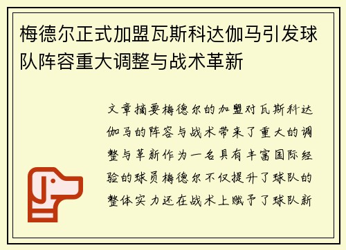 梅德尔正式加盟瓦斯科达伽马引发球队阵容重大调整与战术革新